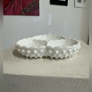 Vintage hobnail three section milk glass dishware